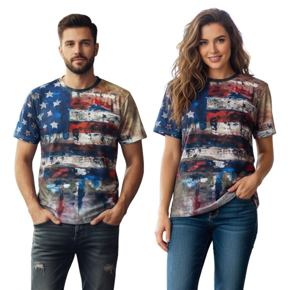 Unisex Rustic Distressed American Flag Print Short Sleeve Tee Shirt‎ XL NWT